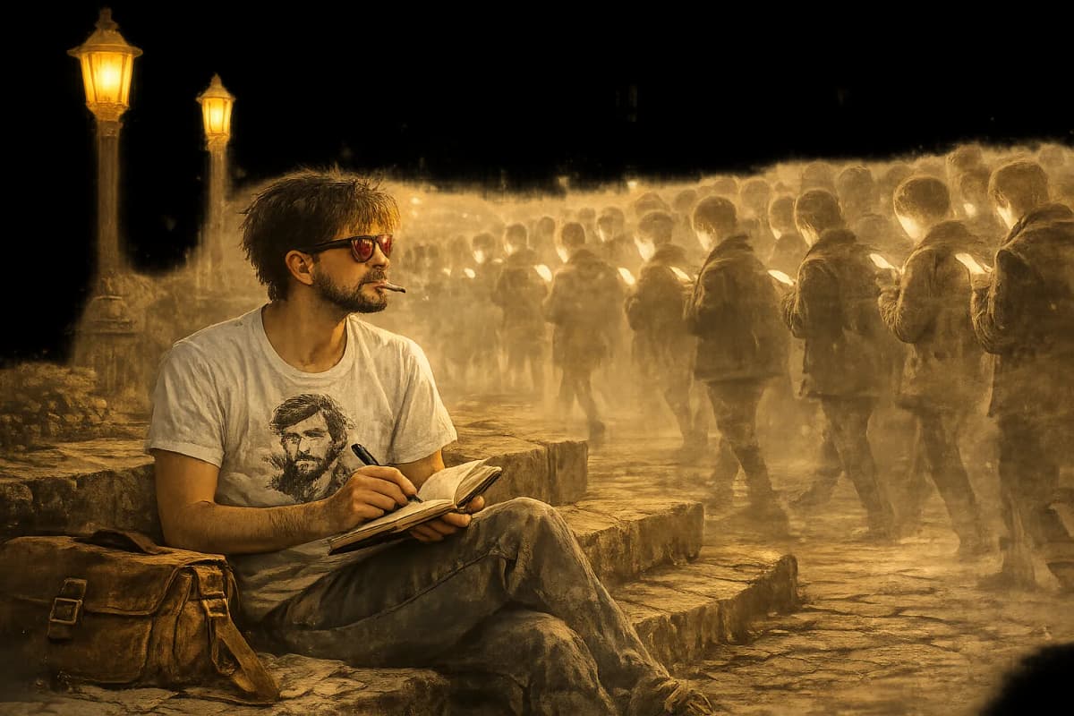 Un hombre contemplando como la muchedumbre avanza rápidamente a su alrededor con sus celulares